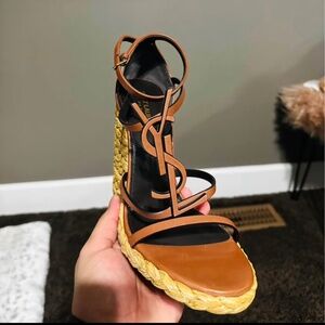 SAINT LAURENT CASSANDRA OPEN TOE WEDGE SANDALS